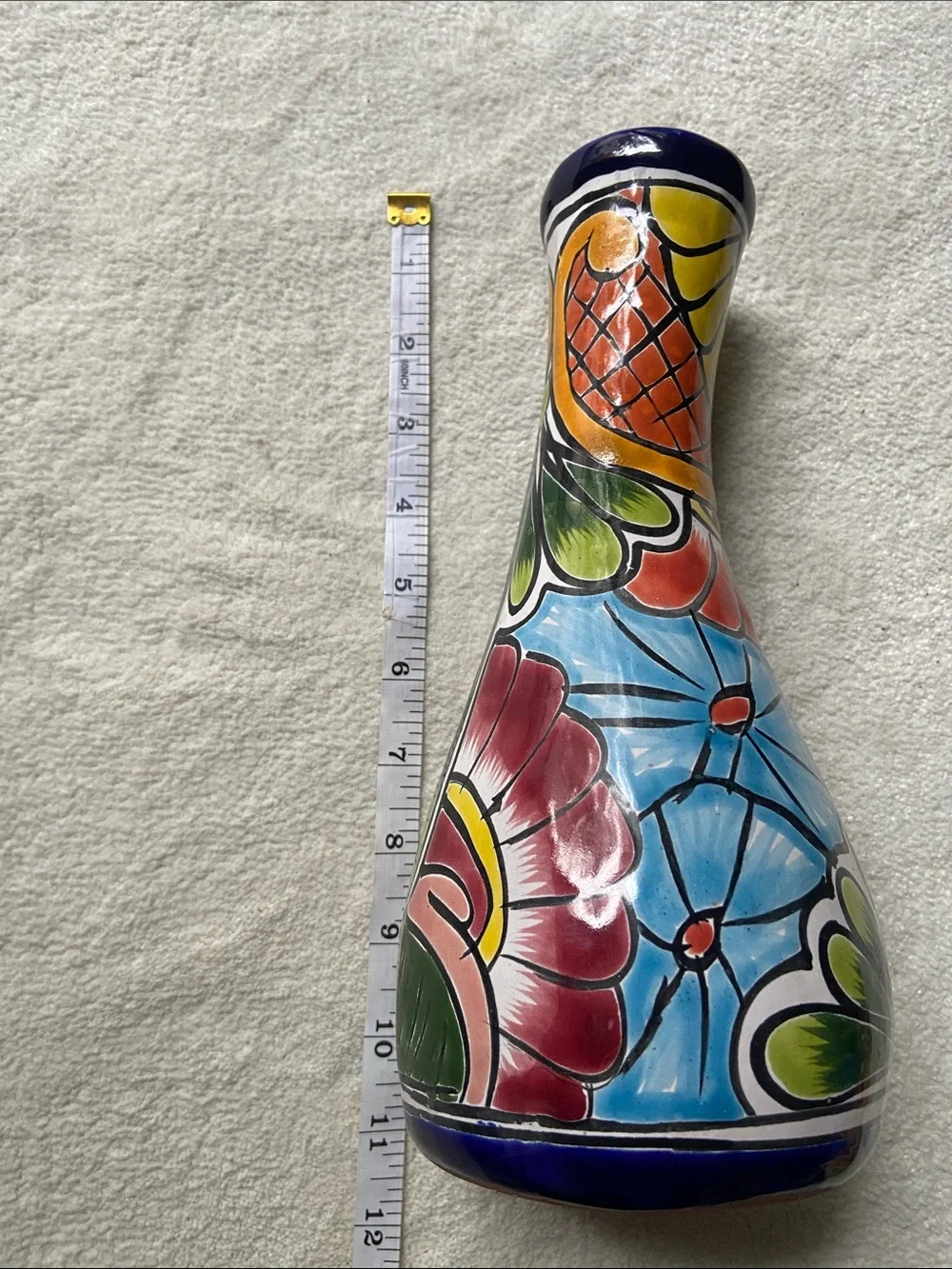 Talavera Style Vase Hand Painted Ceramic Signed Mexico